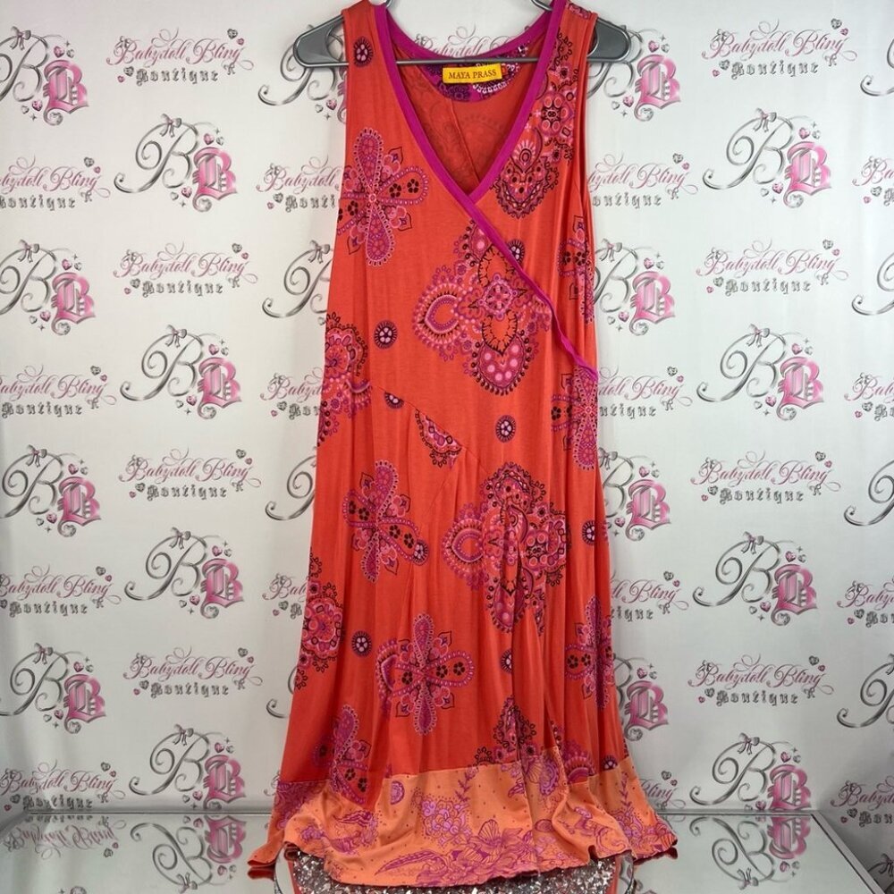 Maya prass dress Vneck style paisley floral flowers long Orange and Pink Dress
